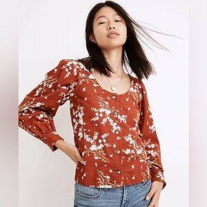 Madewell Corduroy Shirred-Sleeve Button-Front Top in Farmstand Bouquet - Small